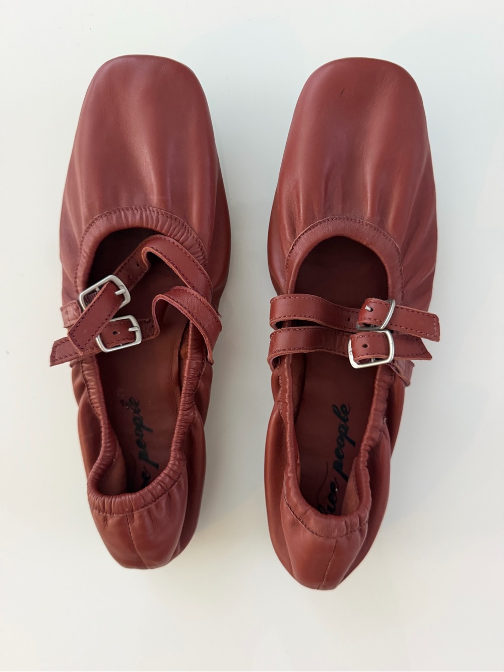 Free People Leather Mary Jane Flats Cognac Brown Double Buckle Square Toe 9 EUC - Picture 2 of 5